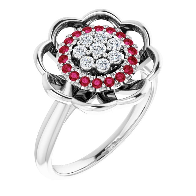 Platinum Natural Ruby & 1/6 CTW Natural Diamond Halo-Style Cluster Ring 